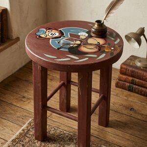 Hand-Painted Round Wooden Stool with Bear Motif - Cherry Brown